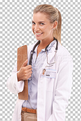 Buy stock photo Portrait, insurance and healthcare with a doctor woman isolated on a transparent background for medical care. Medicine, documents and information with a health professional holding a clipboard on PNG