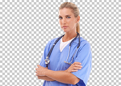 Buy stock photo Healthcare, portrait of doctor woman and isolated against a transparent png in background. Medical professional or nursing, health wellness and female nurse or surgeon alone with arms crossed
