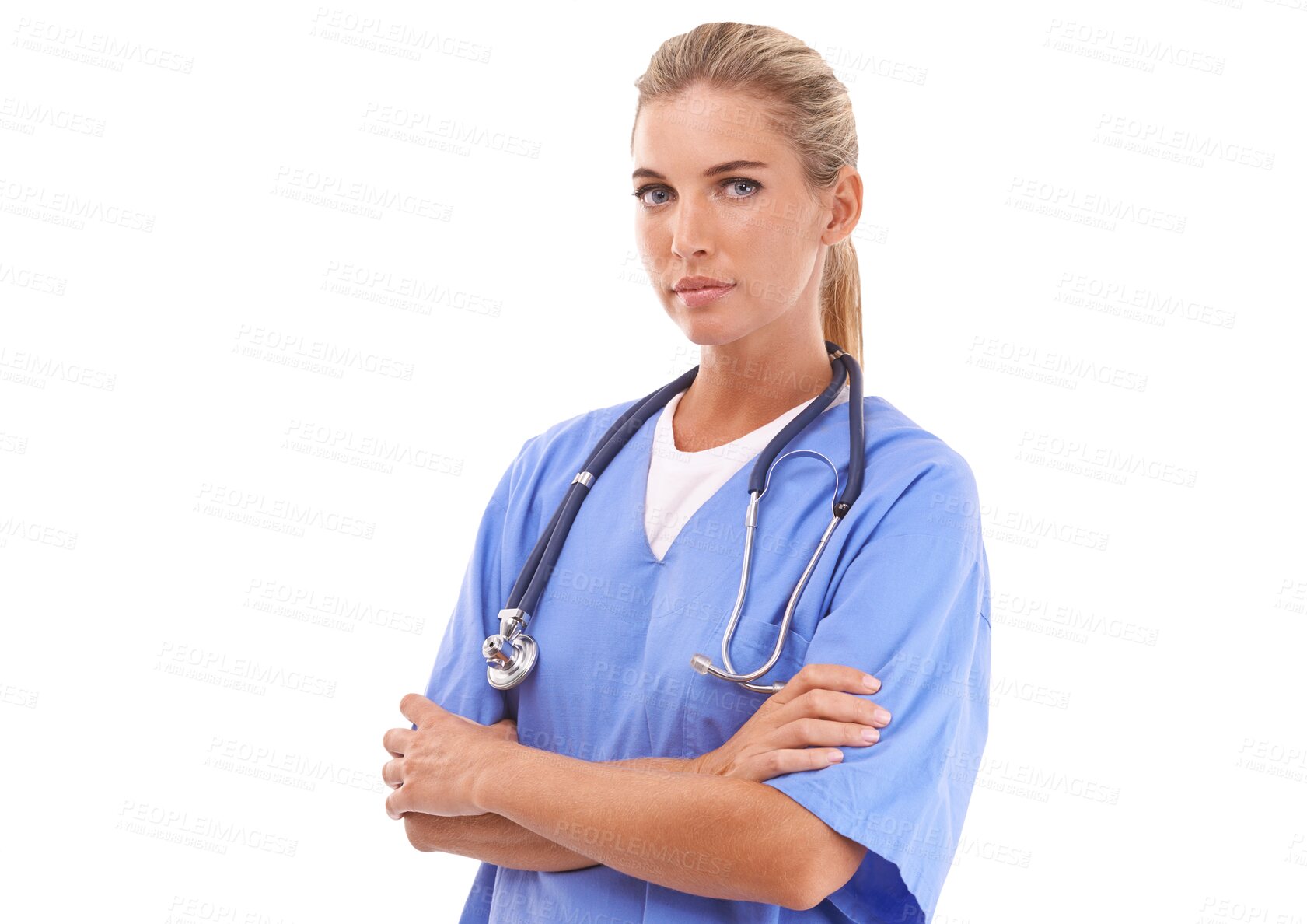 Buy stock photo Healthcare, portrait of doctor woman and isolated against a transparent png in background. Medical professional or nursing, health wellness and female nurse or surgeon alone with arms crossed
