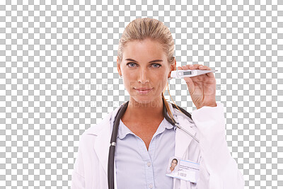Portrait, healthcare and thermometer with a doctor woman for consulting. Hospital, medical and fever with a female medicine professional working in a clinic on an isolated, transparent png background
