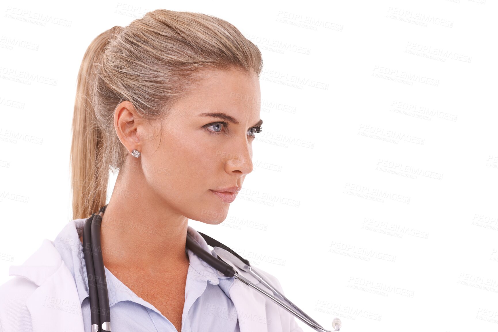 Buy stock photo Serious face, doctor and woman with healthcare, medicine and focus isolated on a transparent background. Female person, medical professional or employee with attitude, care and concentration with png