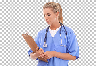 Buy stock photo Healthcare, insurance and documents with a nurse woman isolated on a transparent background at the hospital. Medicine, health and legal with a young female clinic employee reading a medical aid form