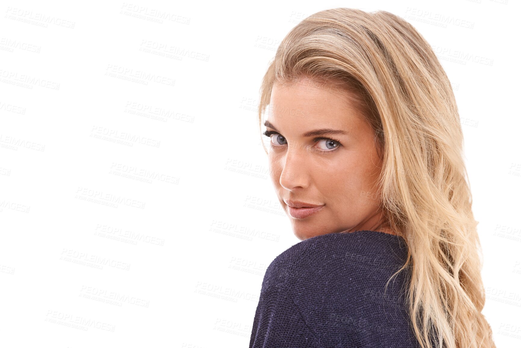 Buy stock photo Portrait, face and beauty with a serious woman isolated on a transparent PNG background looking back over shoulder. Head, attitude and watching you with an attractive young female posing in style