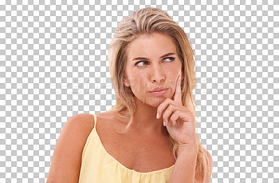 Buy stock photo Thinking, confused and idea with face of woman on png for doubt, vision and planning. Decision, problem solving and solution with female person on transparent background for brainstorming choice