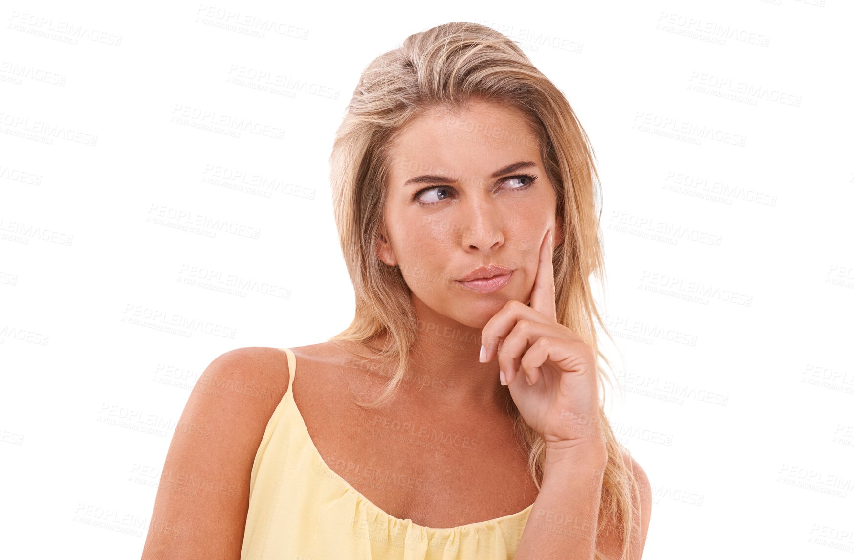 Buy stock photo Thinking, confused and idea with face of woman on png for doubt, vision and planning. Decision, problem solving and solution with female person on transparent background for brainstorming choice