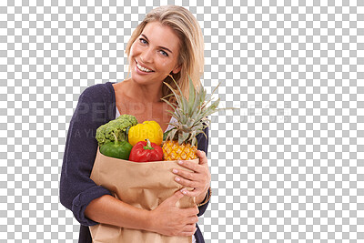 Buy stock photo Vegetables, shopping portrait or happy woman isolated on png, transparent background for healthy food or diet. Fruits, product and paper bag with face of customer or person for groceries or wellness