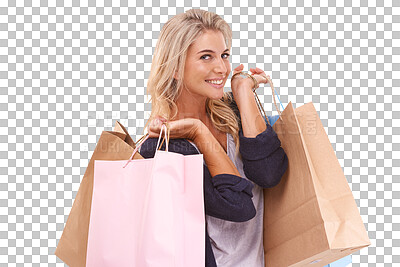 Buy stock photo Shopping bag, portrait and happy woman for fashion discount, wealth or promotion isolated on a png, transparent background. Gift, bonus and face of young customer, model or person with clothes sale