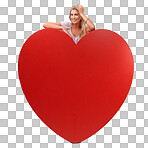 Heart, love and portrait of woman with big red object, romantic product or emoji icon for Valentines Day holiday. Happy smile of model girl with care symbol on an isolated, transparent png background