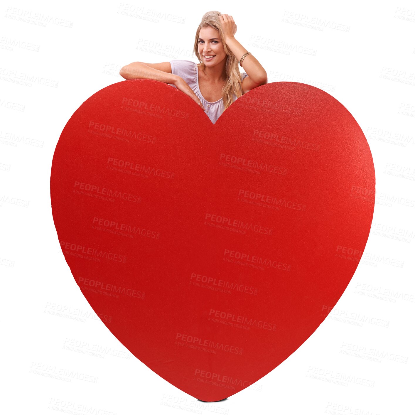 Buy stock photo Portrait, smile and woman with big heart isolated on a transparent png background for valentines day. Love, happiness and female person with sign for romantic kindness, care emoji and commitment.