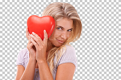 Happy woman, heart emoji and love portrait on an isolated and transparent png background for valentines day, care and romance. Face of a young female model with a red icon for dating and support