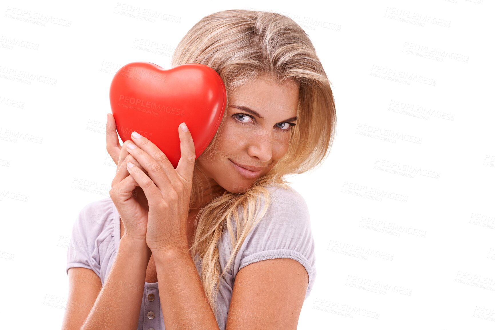 Buy stock photo Portrait, smile and woman with heart balloon isolated on a transparent png background for valentines day. Love, face and female person with inflatable for romance, care emoji and commitment symbol.