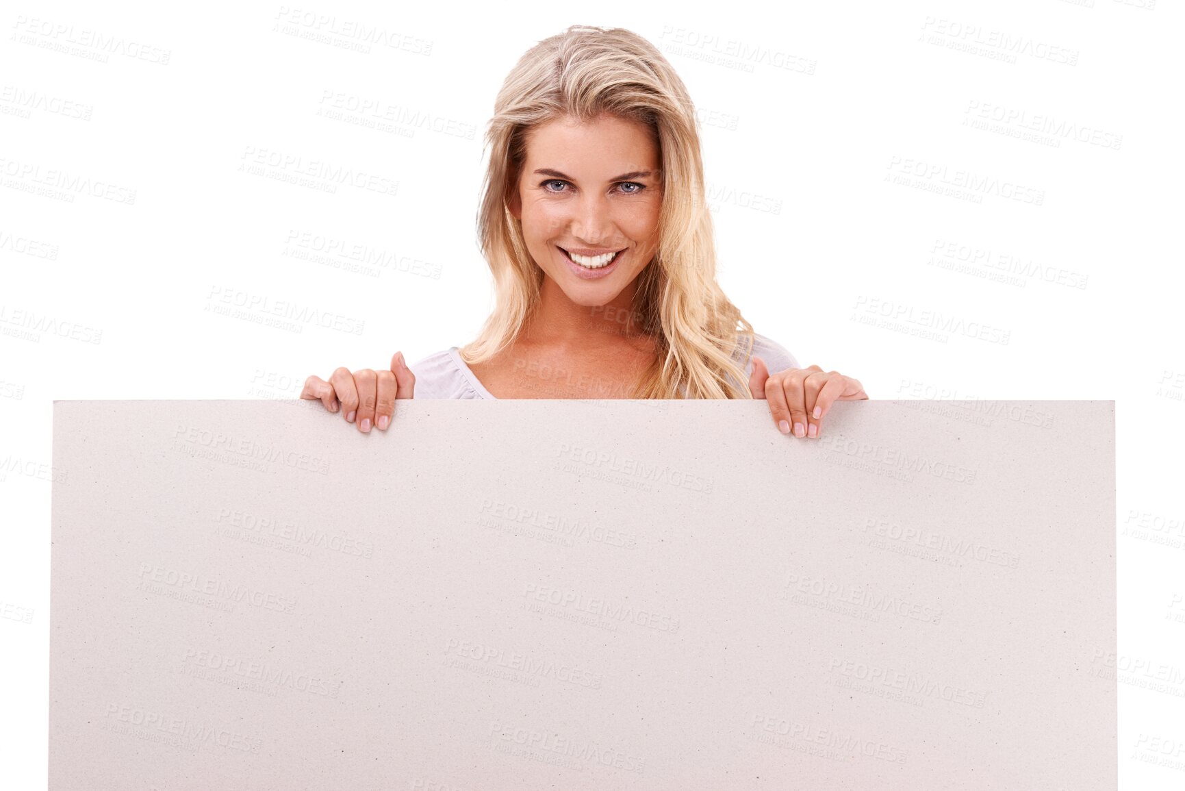 Buy stock photo Portrait, poster and mockup with a woman on PNG isolated on a transparent background for advertising. Billboard, sign or space for marketing with an announcement by a happy female brand ambassador