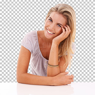 Happy, smile and portrait of calm woman with confidence on an isolated and transparent png background. Happiness and beautiful model with confident body language, cute and casual leaning on table