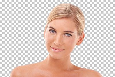 Buy stock photo Skincare, portrait and natural woman with beauty and makeup isolated on transparent png background. Wellness, dermatology and female model relax with skin glow and face treatment from cosmetics
