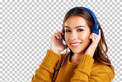 Music, headphones and smiling woman portrait to listen to online podcast for happiness and relaxing. Isolated, png background and female with joy streaming digital audio, radio song online