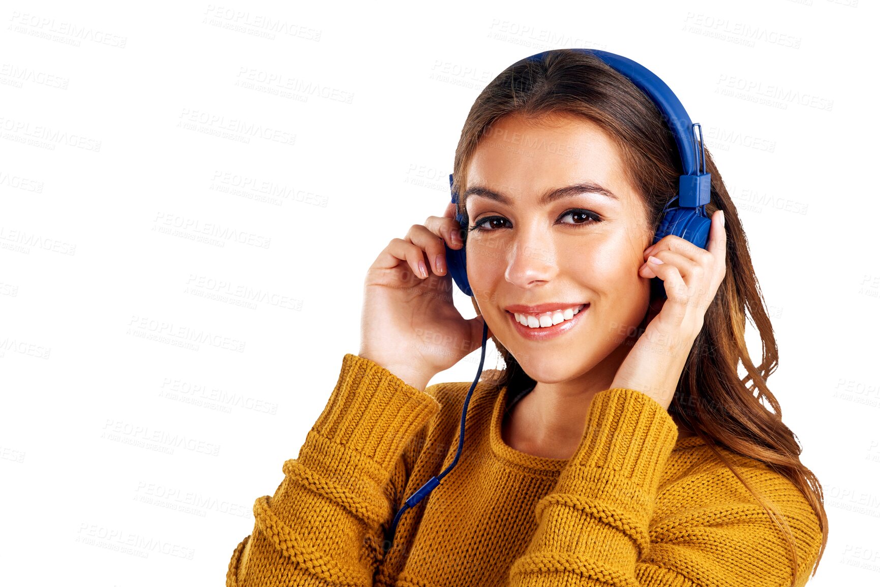 Buy stock photo Music, happy and portrait of woman on transparent background for streaming, digital radio and audio. Smile, online and face with female person and headphones on png for party, dj and energy