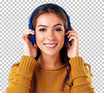 Portrait, headphones and happy woman listening to podcast for rest and relaxation while isolated on a transparent, png background. Headset, music and smiling female enjoying digital audio