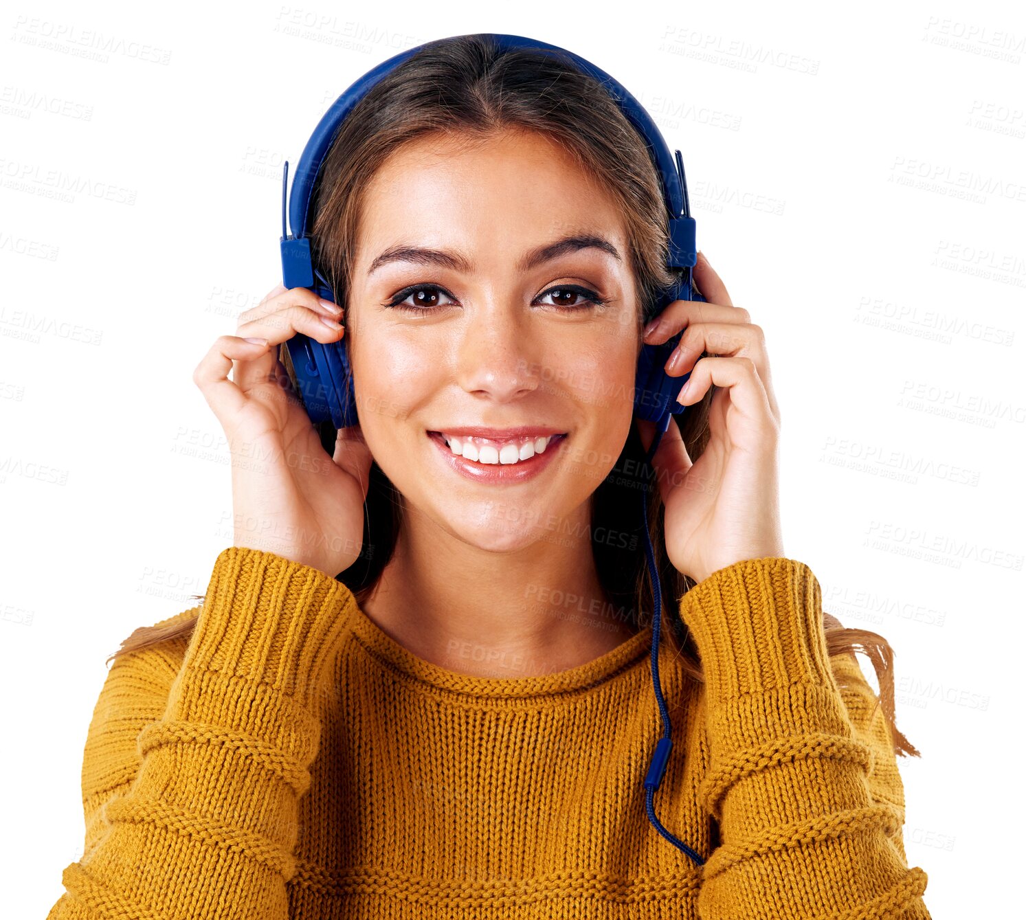 Buy stock photo Music, smile and portrait of woman on transparent background for streaming, digital radio and audio. Happy, online and face with female person and headphones on png for party, dj and energy