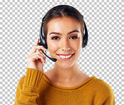Contact us, customer service and portrait of a happy woman working in a call center while isolated on a transparent png background. Smile, female operator and telemarketing help or advice