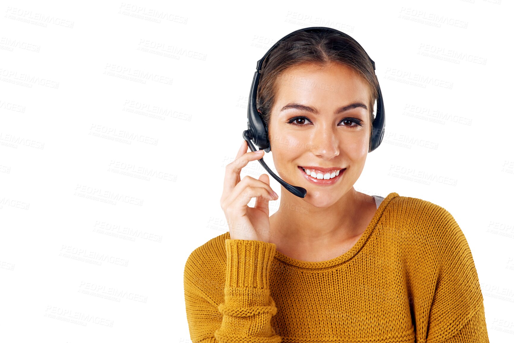 Buy stock photo Portrait, call center and crm with a consultant woman isolated on a transparent png background for communication. Headset, contact us and sales support with a happy customer service agent for telecom
