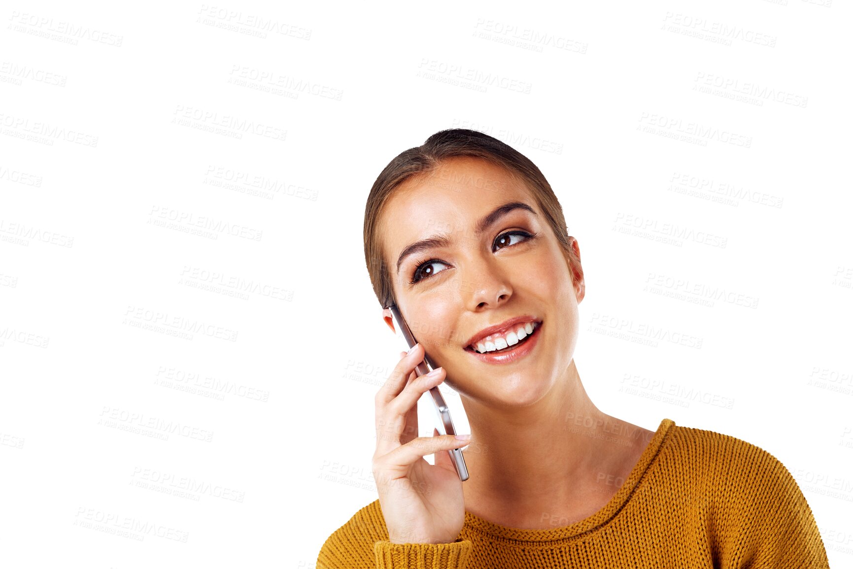 Buy stock photo Idea, phone call and face with a woman isolated on a transparent background for communication. Contact, networking and thinking with a happy young female person talking on her mobile against PNG