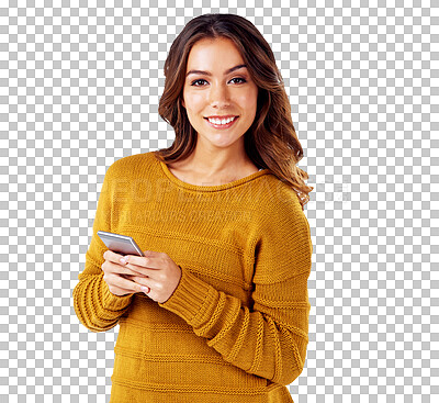 Text message, portrait and happy female with online communication while isolated on a transparent, png background. Chat, contact and smiling woman scrolling social media for happiness meme