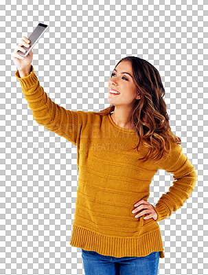 Happy woman, selfie and phone for style online social media post while isolated on a transparent, png background. Smiling female, digital picture and internet photo for a contact chat on the internet