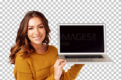 Portrait, happy woman and blank laptop for studying and elearning research online while isolated on a transparent, png background. Female student, smile and computer screen for digital education