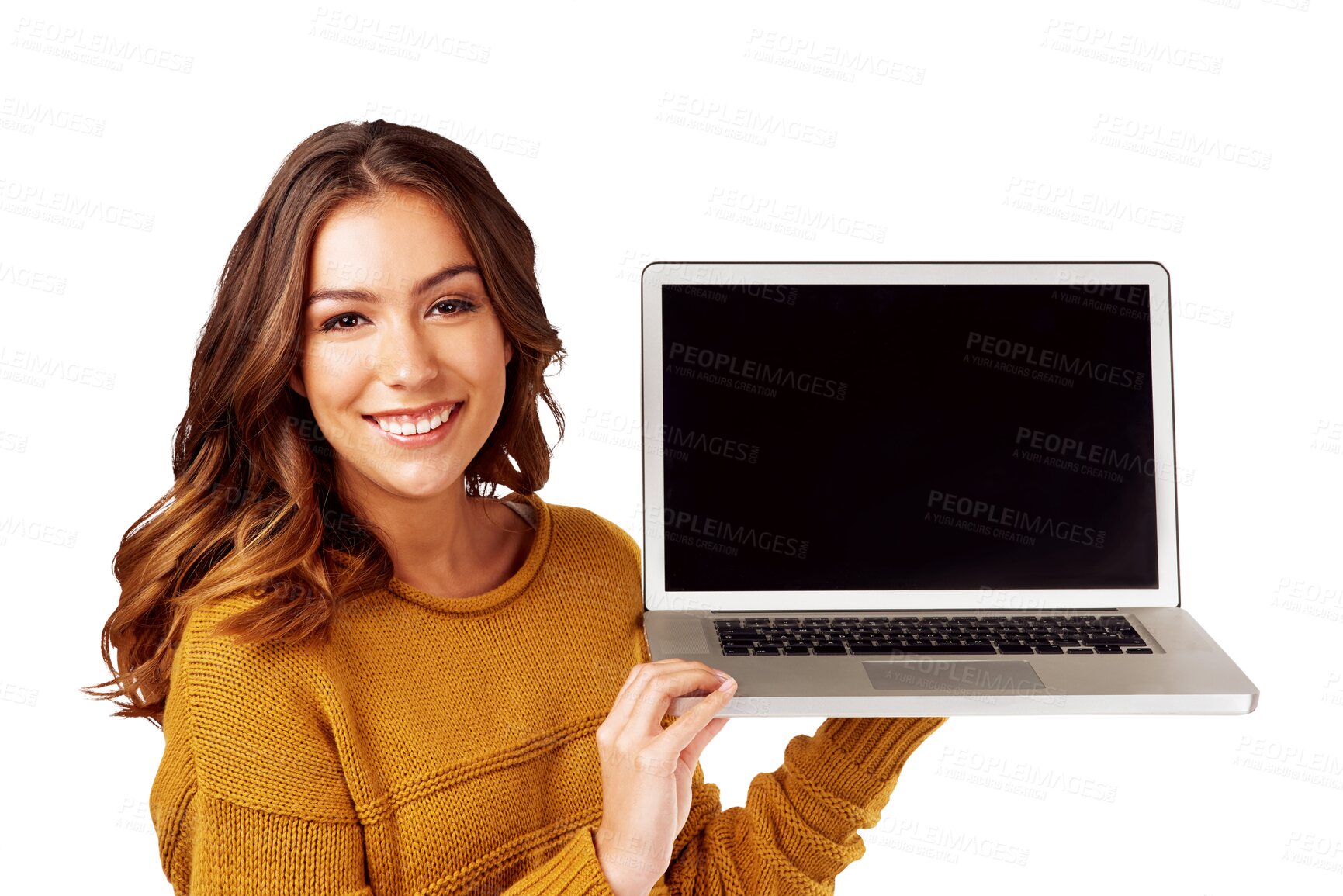 Buy stock photo Laptop, screen and portrait of woman showing website UI, UX or software isolated in a transparent or png background. Web design, internet and young person or girl advertising IT technology with smile