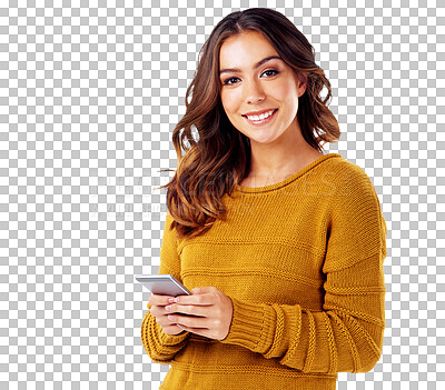 Buy stock photo Smile, portrait and woman with cellphone isolated on a transparent png background. Face, phone and happy female person with mobile for web scrolling, texting and online communication on social media.