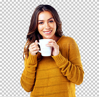 Portrait, tea and smiling female enjoying a cup of coffee while isolated on a png, transparent background. Caffeine, drinking beverage and a happy woman resting and relaxing with peace and calm