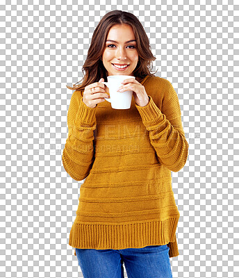 Portrait of a happy woman drinking coffee while relaxing isolated on a transparent, png background. tea, hot beverage and smiling female relaxing with a cafe drink for health and wellness with peace