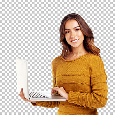 Elearning, laptop and portrait of happy woman searching online for communication while isolated on a png background. Smiling female student, computer and digital research for education and learning