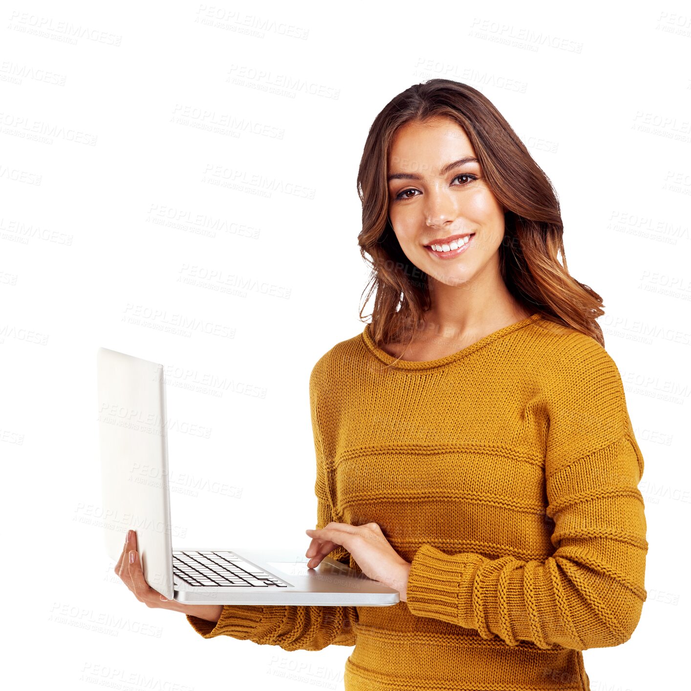 Buy stock photo Laptop, smile and study with portrait of woman on transparent background for elearning, social media and networking. Online exam, education and research with student on png for knowledge and learning
