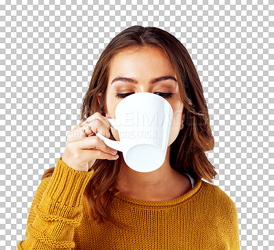 Cup, drinking and model woman on a coffee break enjoying a cafe tea drink while relaxing. Female resting with a hot drink for peace and calm while isolated on a transparent, png background