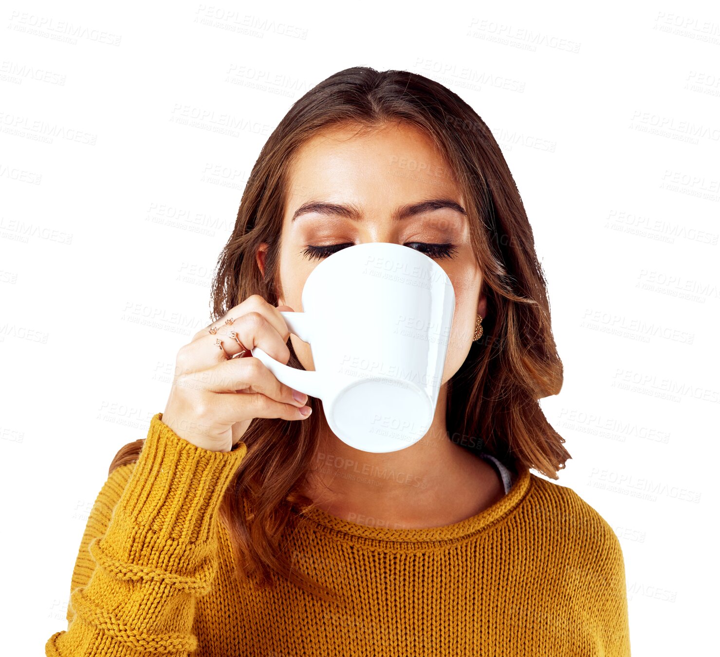 Buy stock photo Cup, drinking and woman on a coffee break, relax and calm against a transparent background. Female person, png or girl with a mug, tea or resting with peace, drink or calm with beverage or cappuccino