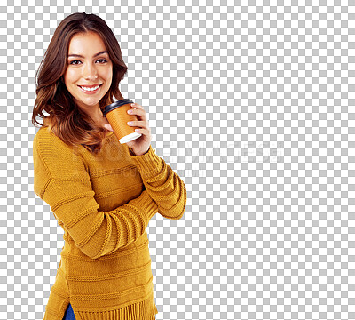 Coffee, drink and portrait of a happy woman relaxing with on a png, transparent background while feeling calm. Peace, tea and hot beverage with a smiling female drinking a takeaway latte