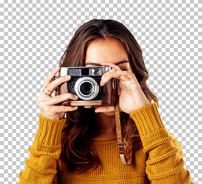 Camera, photo and professional woman filming a fashion catalog on a creative, transparent png background. Photography, videography and female artist capture a picture of image for online content