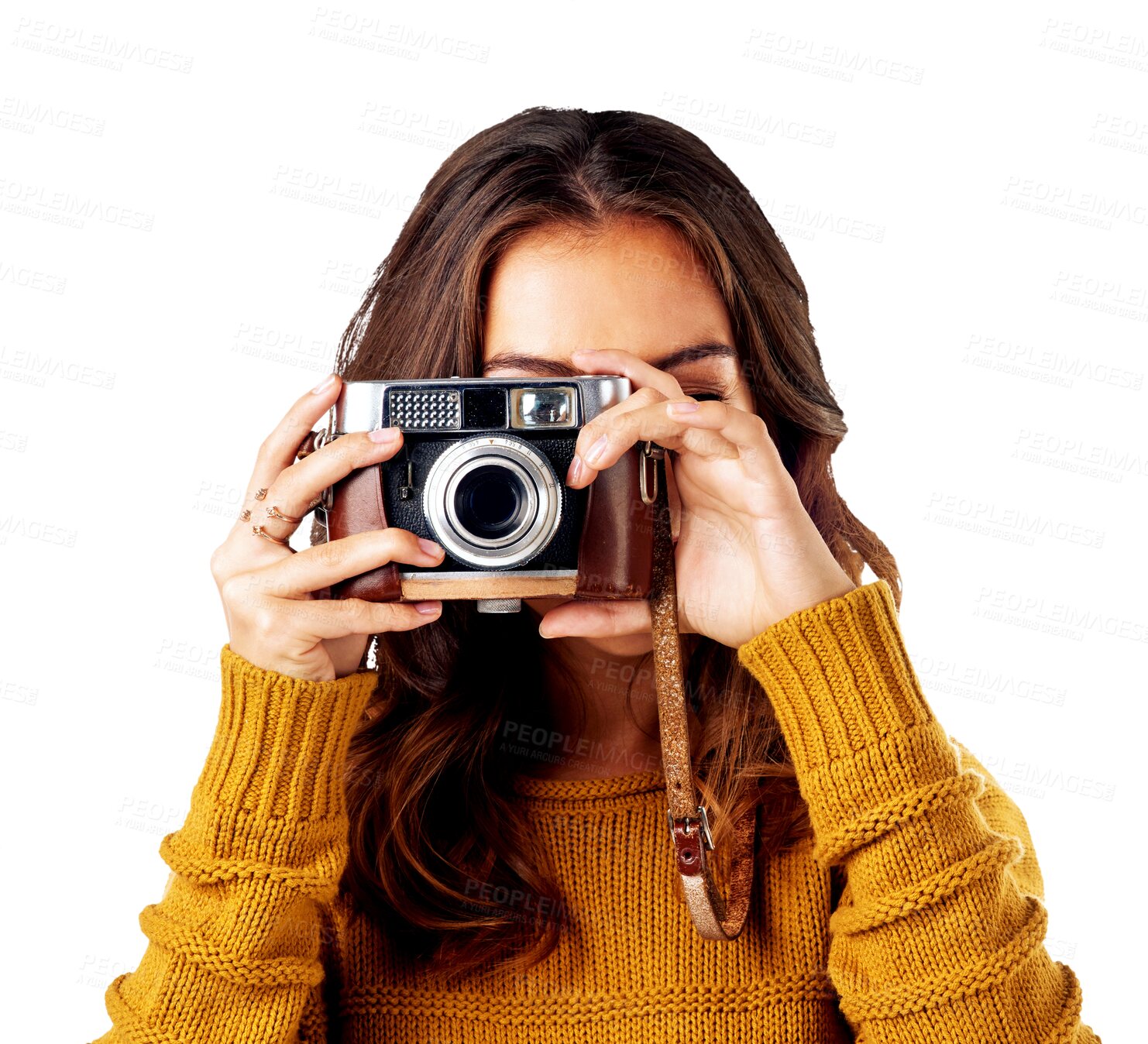 Buy stock photo Isolated woman, photographer and camera by face for creativity, journalist job and transparent png background. Girl, vintage photography or videography for art, magazine or newspaper in media career