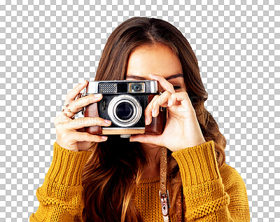 Photographer, camera and woman in studio on a photoshoot isolated on a transparent, png background. Photography, videography and professional female filming a fashion catalog with creativity