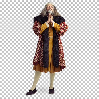 Ancient king man, praying and with faith, worship and renaissance fashion by backdrop. Medieval royal leader, clothes and religion with crown, prayer and robe for power, success and gratitude isolated on a png background