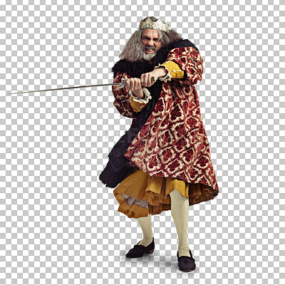 A Man, royalty and portrait of king with sword mock up. Vintage victorian, evil and mature mad male, angry ruler and leader holding blade for battle or fight.isolated on a png background