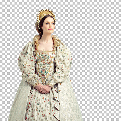 A Queen, medieval with renaissance, history and woman with theatre, Shakespeare and drama. Victorian royalty in vintage dress, monarch and cosplay with female rule mockup isolated on a png background