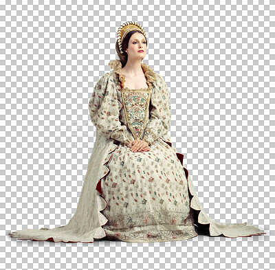 A Queen, crown and vintage with a woman as ruler of the monarch during the renaissance period. History, royalty and victorian with an elegant female posing as a leader isolated on a png background