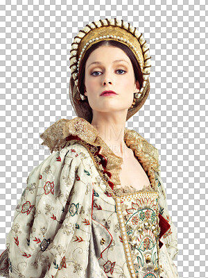 A Renaissance, royalty and portrait of Victorian queen for luxury, history or vintage in England. Medieval, fantasy and beauty with face of woman in regal dress costume for leader, fashion and elegant isolated on a png background