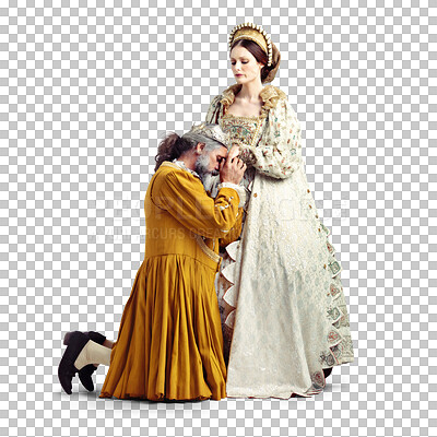 A Studio shot of a king kneeling and kissing his queen\'s hand isolated on a png background