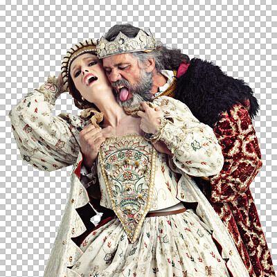 A King, queen and love of couple. Vintage royalty, retro victorian and affection, romance and passion of royal man and woman with crown kissing, embrace and hug isolated on a png background