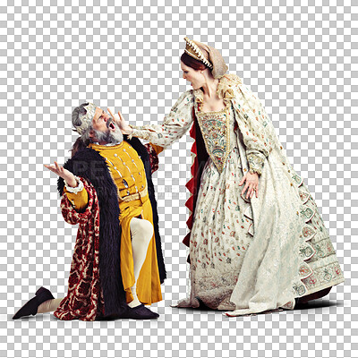 A shot of a queen slapping a kneeling king in the face isolated on a png background