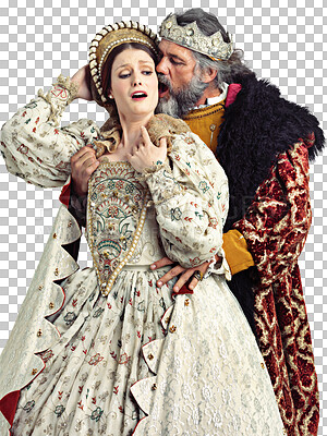 Medieval king, queen and violence for drama, danger and together with renaissance clothes. Ancient royal couple, surprise and shock with distress, crying and actor with vintage fashion isolated on a png background