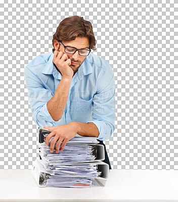 A burnout or a stressed businessman with a stack of paperwork on the desk for deadlines, corporate projects, reports, Ideas, and vision, thinking with a pile of files, papers, and documents on a desk isolated on a png background.